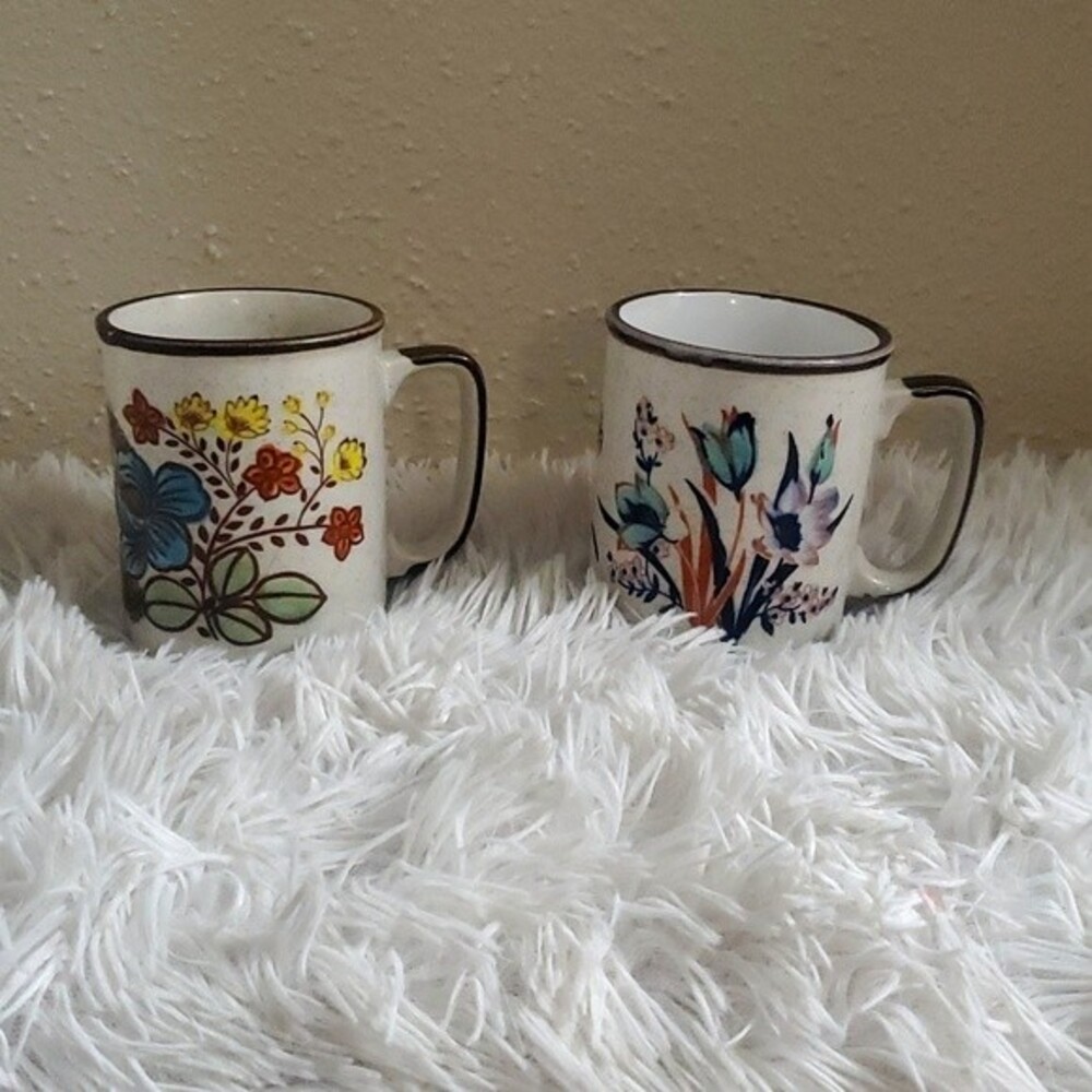 Vntg 1970's Otagiri Style floral Speckled Stoneware boho Coffee Cup Mugs